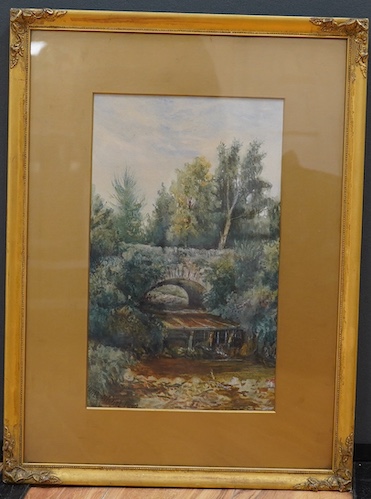 Nisbet, watercolour, Bridge above a dam, signed and dated 1872, 39 x 24cm, gilt framed. Condition - fair to good